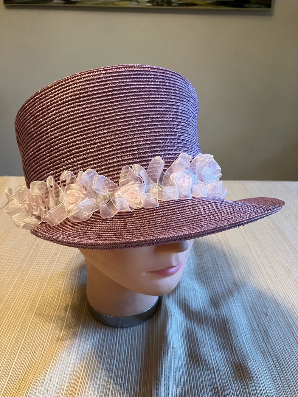 Chic Metallic Pink Straw Top Hat with Light Pink Ribbon Rose Trim